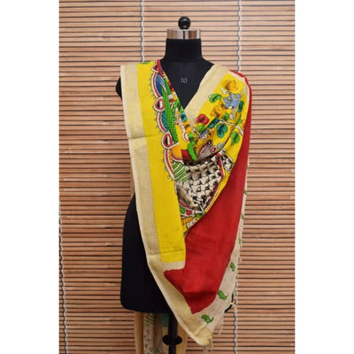 Hand Painted Pen Kalamkari Mangalagiri Cotton Dupatta - SSEthnics