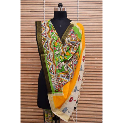 Hand Painted Pen Kalamkari Mangalagiri Cotton Dupatta - SSEthnics