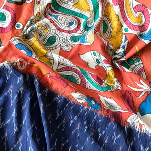 Blue Handloom Ikat Dupatta with Pen Kalamkari