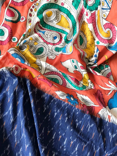 Blue Handloom Ikat Dupatta with Pen Kalamkari
