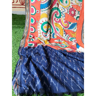Blue Handloom Ikat Dupatta with Pen Kalamkari