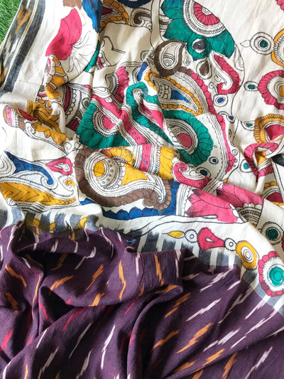 Maroon Handloom Ikat Dupatta with Pen Kalamkari