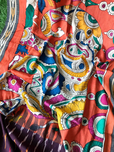 Maroon-Handloom Ikat Dupatta with Pen Kalamkari