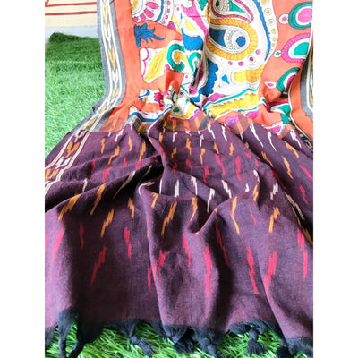 Maroon-Handloom Ikat Dupatta with Pen Kalamkari