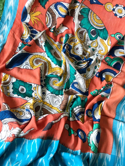Blue Handloom Ikat Dupatta with Pen Kalamkari