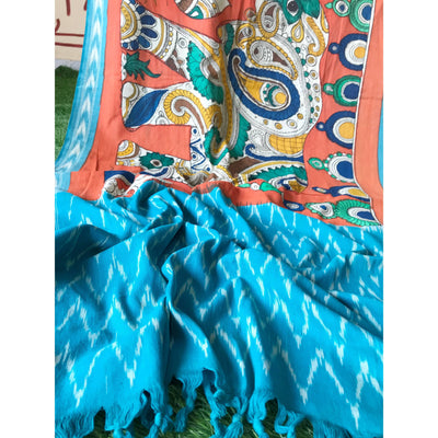 Blue Handloom Ikat Dupatta with Pen Kalamkari