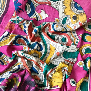 Maroon-Handloom Ikat Dupatta with Pen Kalamkari