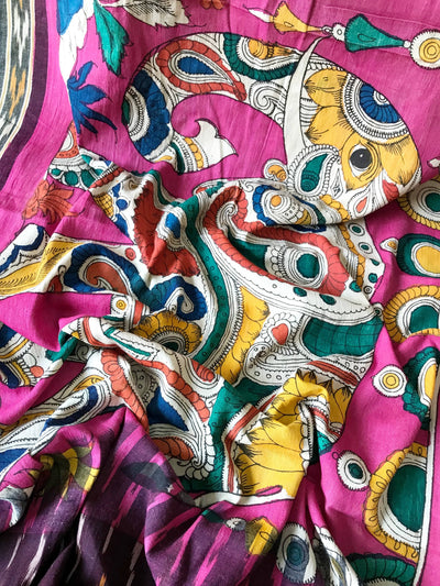 Maroon-Handloom Ikat Dupatta with Pen Kalamkari