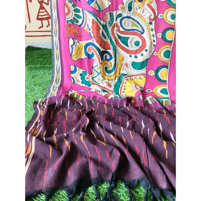 Maroon-Handloom Ikat Dupatta with Pen Kalamkari