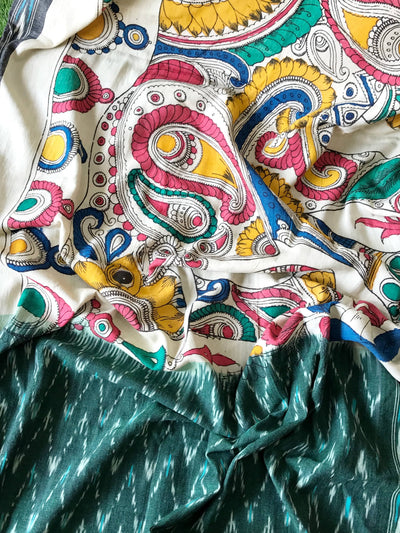 Green Handloom Ikat Dupatta with Pen Kalamkari