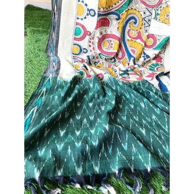 Green Handloom Ikat Dupatta with Pen Kalamkari