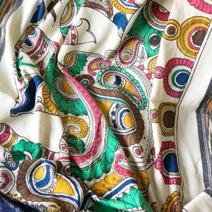 Blue-Handloom Ikat Dupatta with Pen Kalamkari