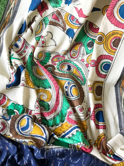 Blue-Handloom Ikat Dupatta with Pen Kalamkari