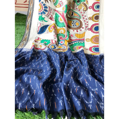 Blue-Handloom Ikat Dupatta with Pen Kalamkari