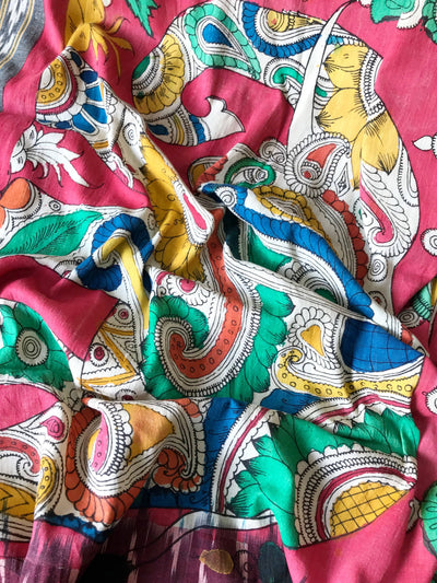 Maroon Handloom Ikat Dupatta with Pen Kalamkari