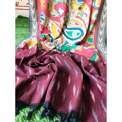 Maroon Handloom Ikat Dupatta with Pen Kalamkari