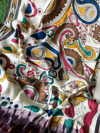 Maroon-Handloom Ikat Dupatta with Pen Kalamkari