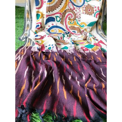 Maroon-Handloom Ikat Dupatta with Pen Kalamkari