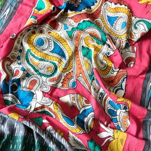 Green-Handloom Ikat Dupatta with Pen Kalamkari