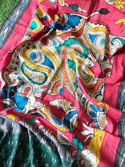 Green-Handloom Ikat Dupatta with Pen Kalamkari