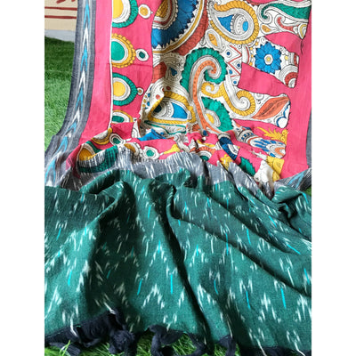 Green-Handloom Ikat Dupatta with Pen Kalamkari