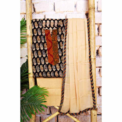 Black Kalamkari Cotton Block Print Suit with Chiffon Dupatta - SSEthnics