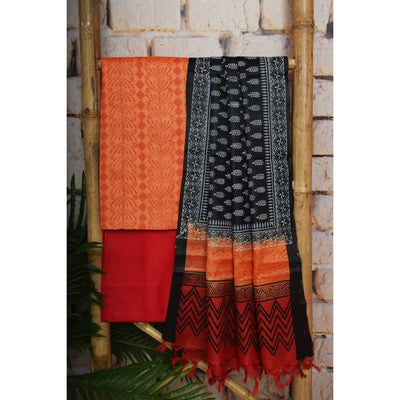 Orange Pure Tussar Silk Unstitched Suit - SSEthnics