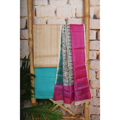 Cream Pure Tussar Silk Unstitched Suit - SSEthnics