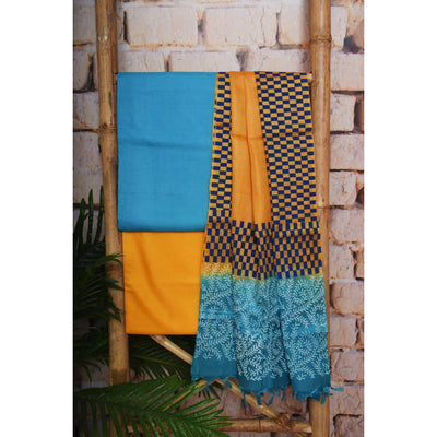 Blue Pure Silk Unstitched Suit - SSEthnics