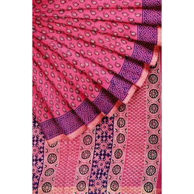 Pink Bagru Cotton Block Print Saree with Zari - SSEthnics