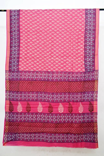 Pink Bagru Cotton Block Print Saree with Zari - SSEthnics