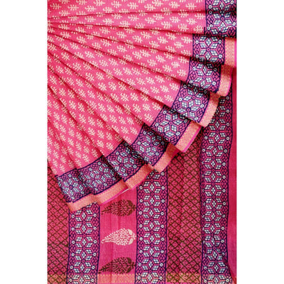 Pink Bagru Cotton Block Print Saree with Zari - SSEthnics