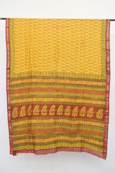 Yellow Bagh Maheshwari Silk Block Print Saree - SSEthnics