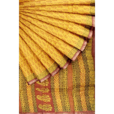 Yellow Bagh Maheshwari Silk Block Print Saree - SSEthnics