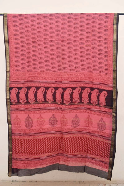 Pink Bagh Maheshwari Silk Block Print Saree - SSEthnics
