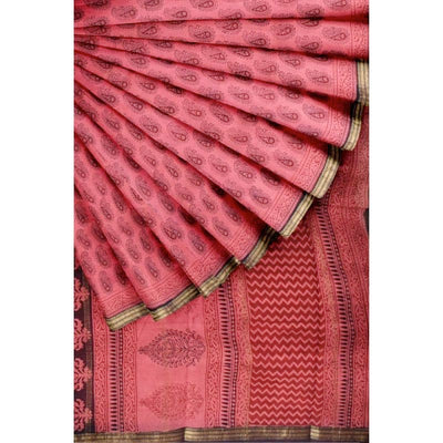 Pink Bagh Maheshwari Silk Block Print Saree - SSEthnics