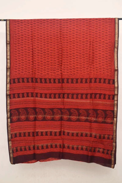 Red Bagh Maheshwari Silk Block Print Saree - SSEthnics