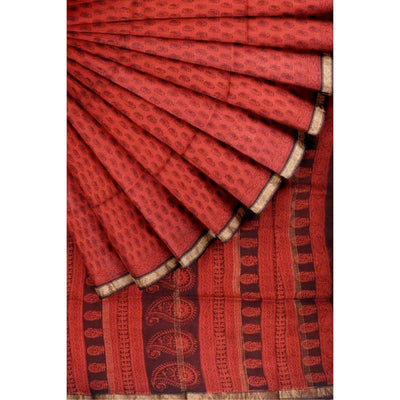 Red Bagh Maheshwari Silk Block Print Saree - SSEthnics