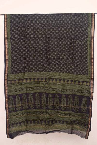 Moss Green Bagh Maheshwari Silk Block Print Saree - SSEthnics