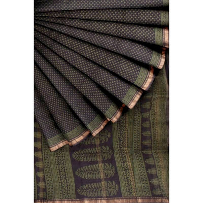 Moss Green Bagh Maheshwari Silk Block Print Saree - SSEthnics