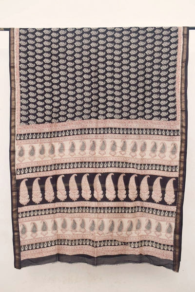 Black Bagh Maheshwari Silk Block Print Saree - SSEthnics