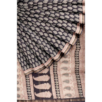 Black Bagh Maheshwari Silk Block Print Saree - SSEthnics
