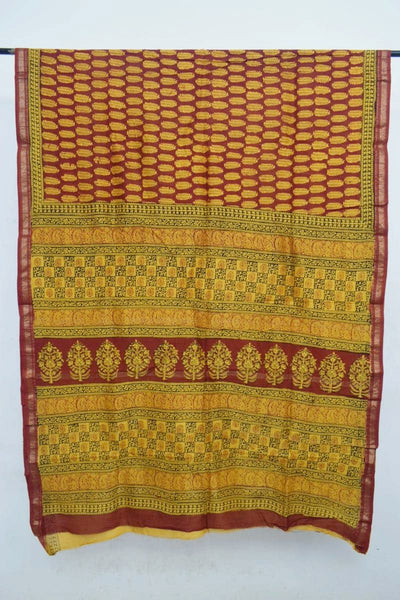 Yellow Bagh Maheshwari Silk Block Print Saree - SSEthnics