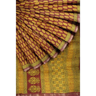 Yellow Bagh Maheshwari Silk Block Print Saree - SSEthnics
