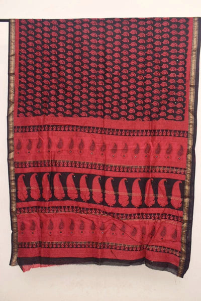 Red Bagh Maheshwari Silk Block Print Saree - SSEthnics