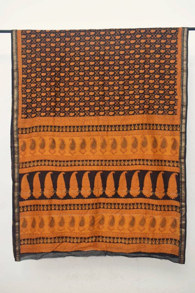 Orange Bagh Maheshwari Silk Block Print Saree - SSEthnics