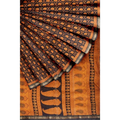 Orange Bagh Maheshwari Silk Block Print Saree - SSEthnics