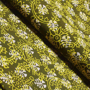 Olive Green Gaamthi Block Print Cotton Fabric - SSEthnics