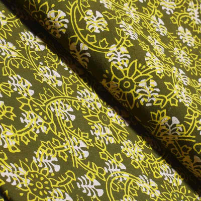 Olive Green Gaamthi Block Print Cotton Fabric - SSEthnics