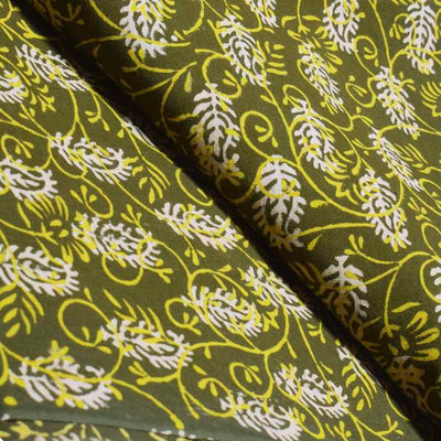 Olive Green Gaamthi Block Print Cotton Fabric - SSEthnics